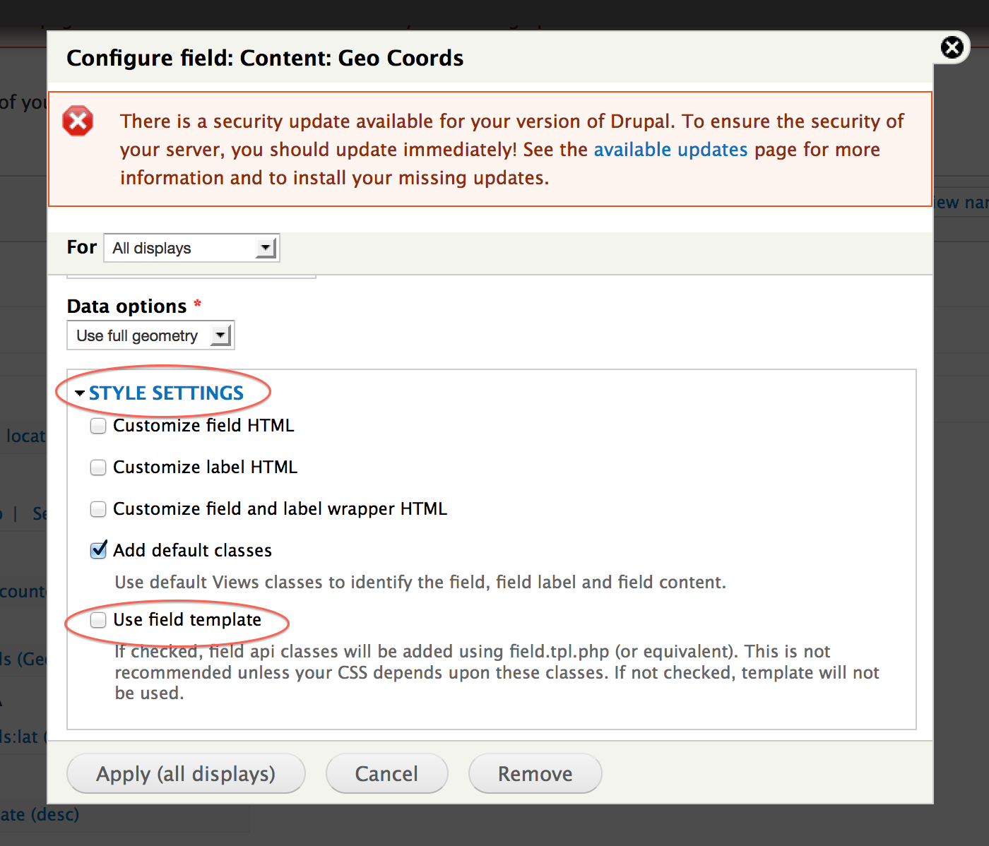 Style Settings fields set opened